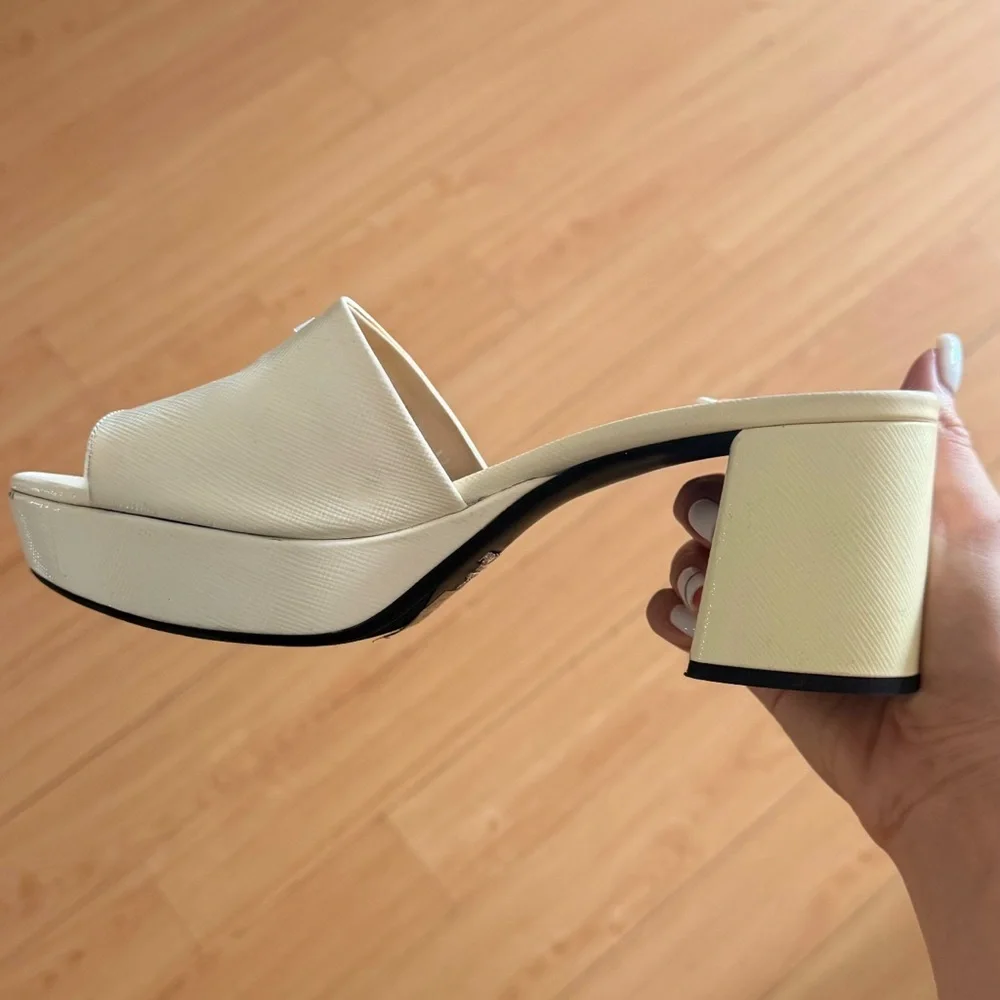 Prada Cream Leather Slide Mules with Logo - Picture 7 of 8